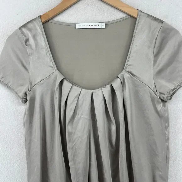 CHAIKEN PROFILE Top 0 XS Stretch Silk Satin Pleated Cap Sleeve Gray Silver USA - Picture 3 of 14